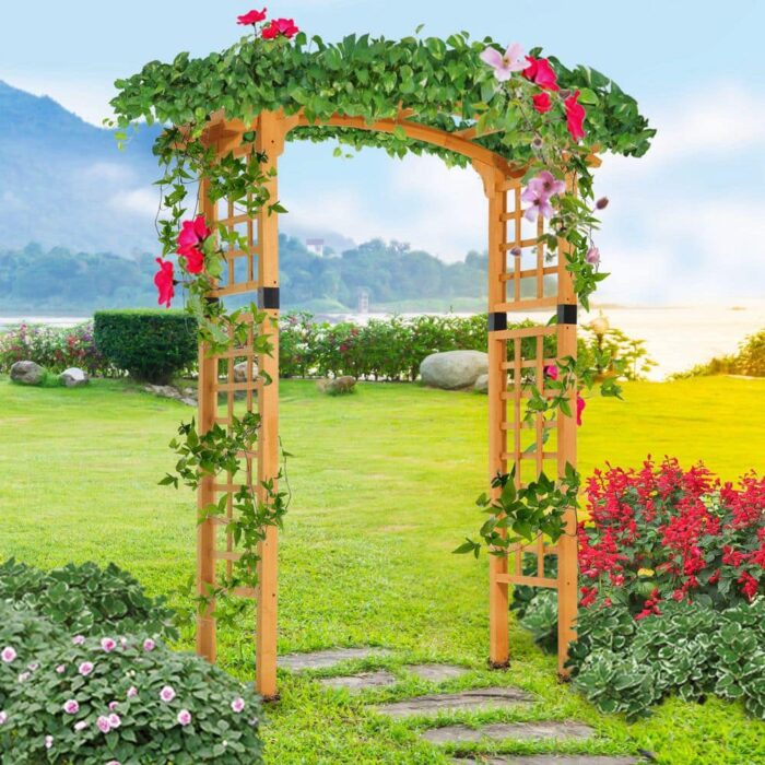 90 in. x 63 in. Wood Garden Arbor Arch with Trellis Wall for Climbing and Hanging Plants, Natural